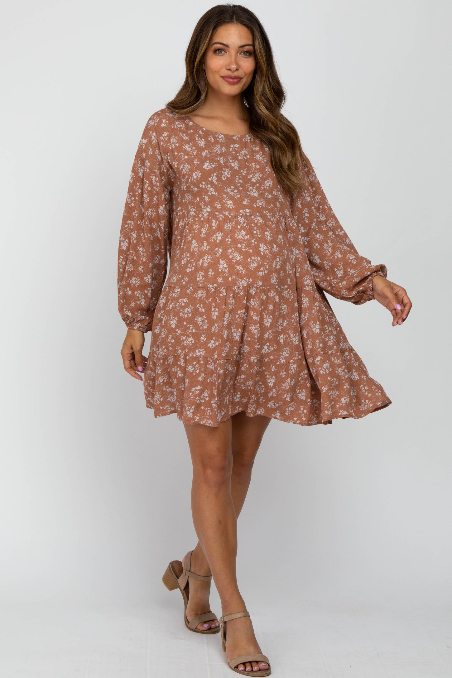 Rust Floral Long Sleeve Babydoll Maternity Dress