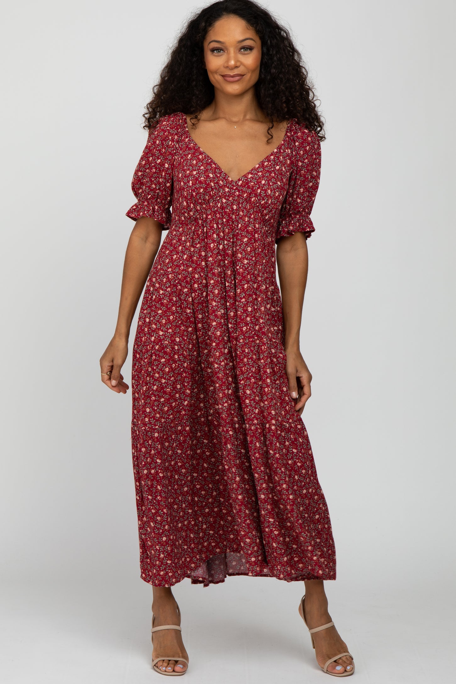 Red Floral V-Neck Ruffle Sleeve Maternity Midi Dress
