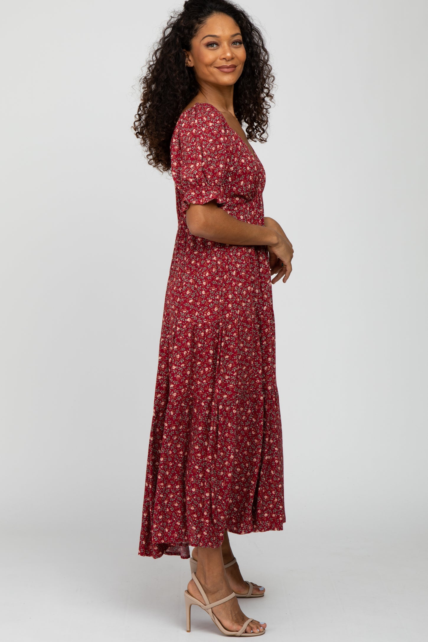 Red Floral V-Neck Ruffle Sleeve Midi Dress