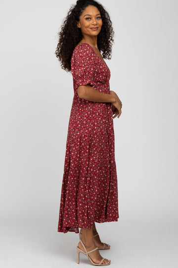 Red Floral V-Neck Ruffle Sleeve Midi Dress