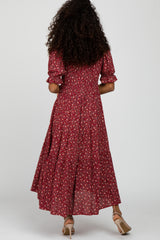 Red Floral V-Neck Ruffle Sleeve Midi Dress