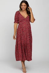 Red Floral V-Neck Ruffle Sleeve Maternity Midi Dress
