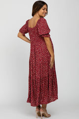 Red Floral V-Neck Ruffle Sleeve Maternity Midi Dress