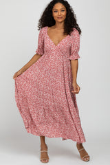 Pink Floral Floral V-Neck Ruffle Sleeve Maternity Midi Dress