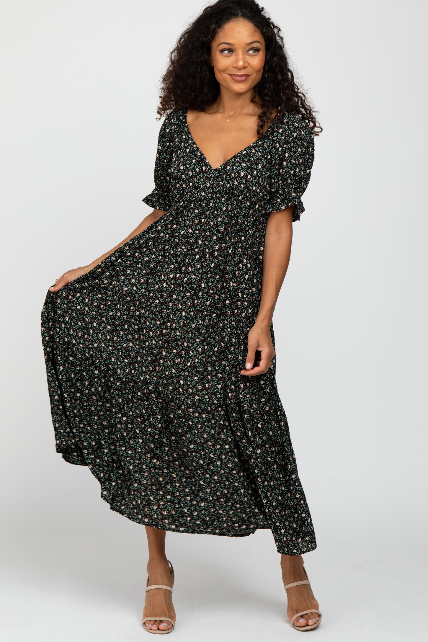 Green Floral V-Neck Ruffle Sleeve Maternity Midi Dress