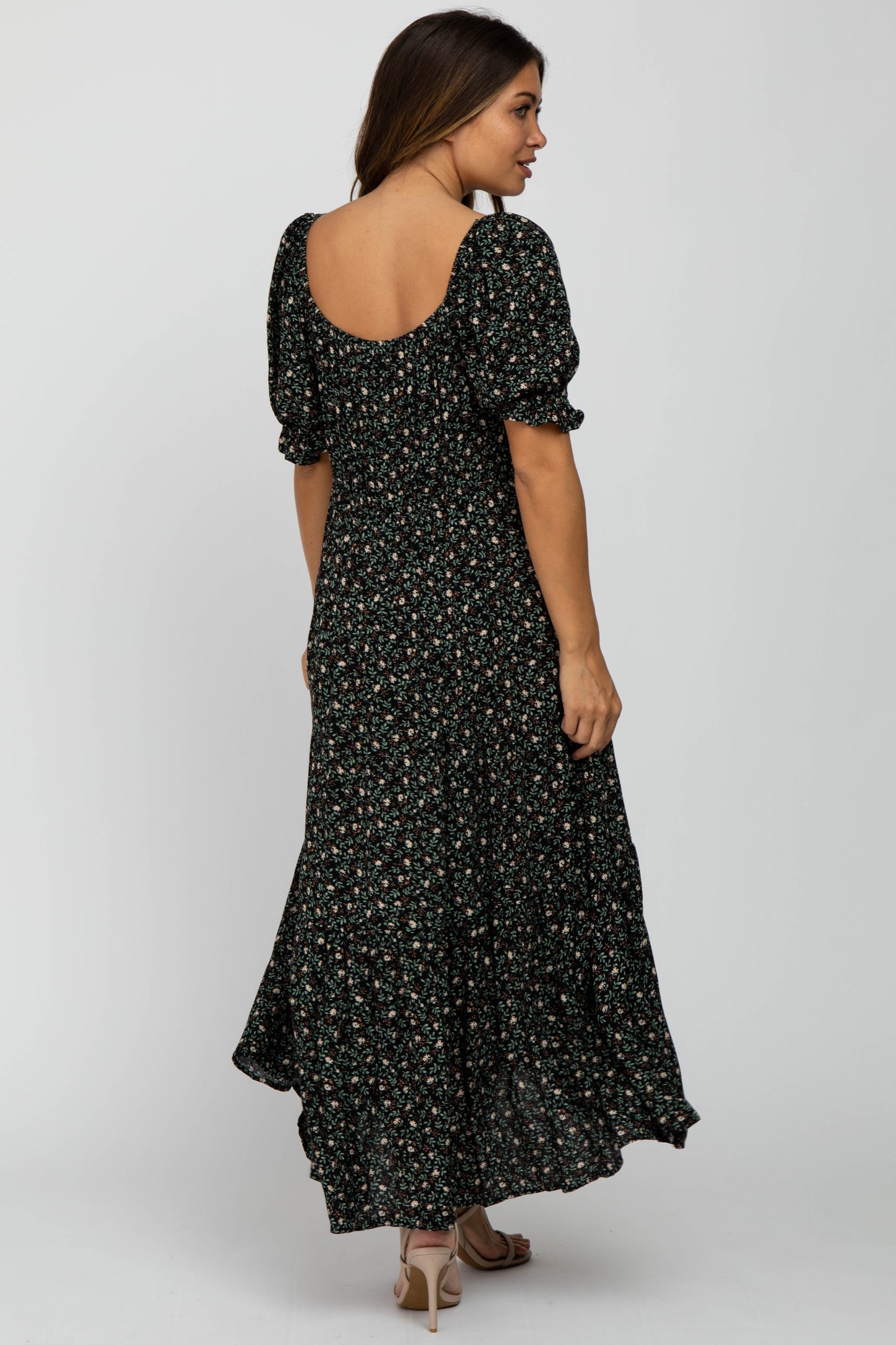 Green Floral V-Neck Ruffle Sleeve Maternity Midi Dress