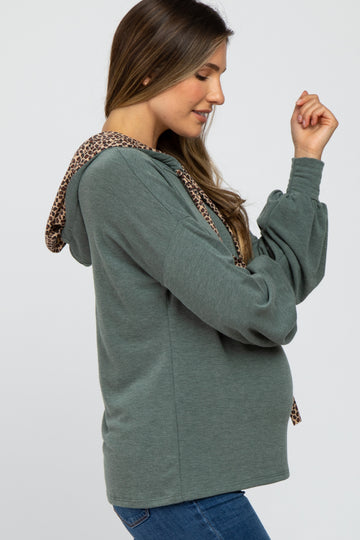 Olive Animal Print Drawstring Maternity Hooded Top