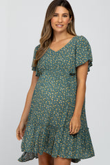 Light Olive Floral Flounce Sleeve Maternity Dress