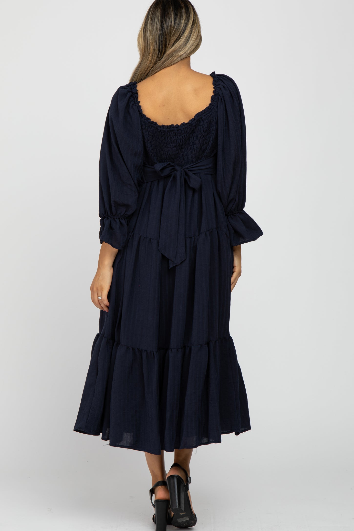 Navy Blue Square Ruffle Neck Smocked Midi Dress