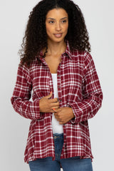 Burgundy Plaid Button Front Long Sleeve Maternity Top
