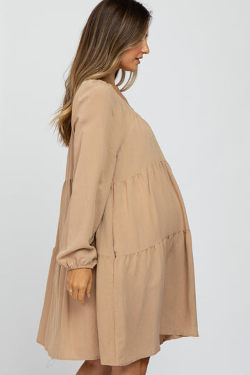 Taupe Long Sleeve Tiered Maternity Dress