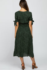 Olive Spotted Button Front Tie Sleeve Maternity Midi Dress