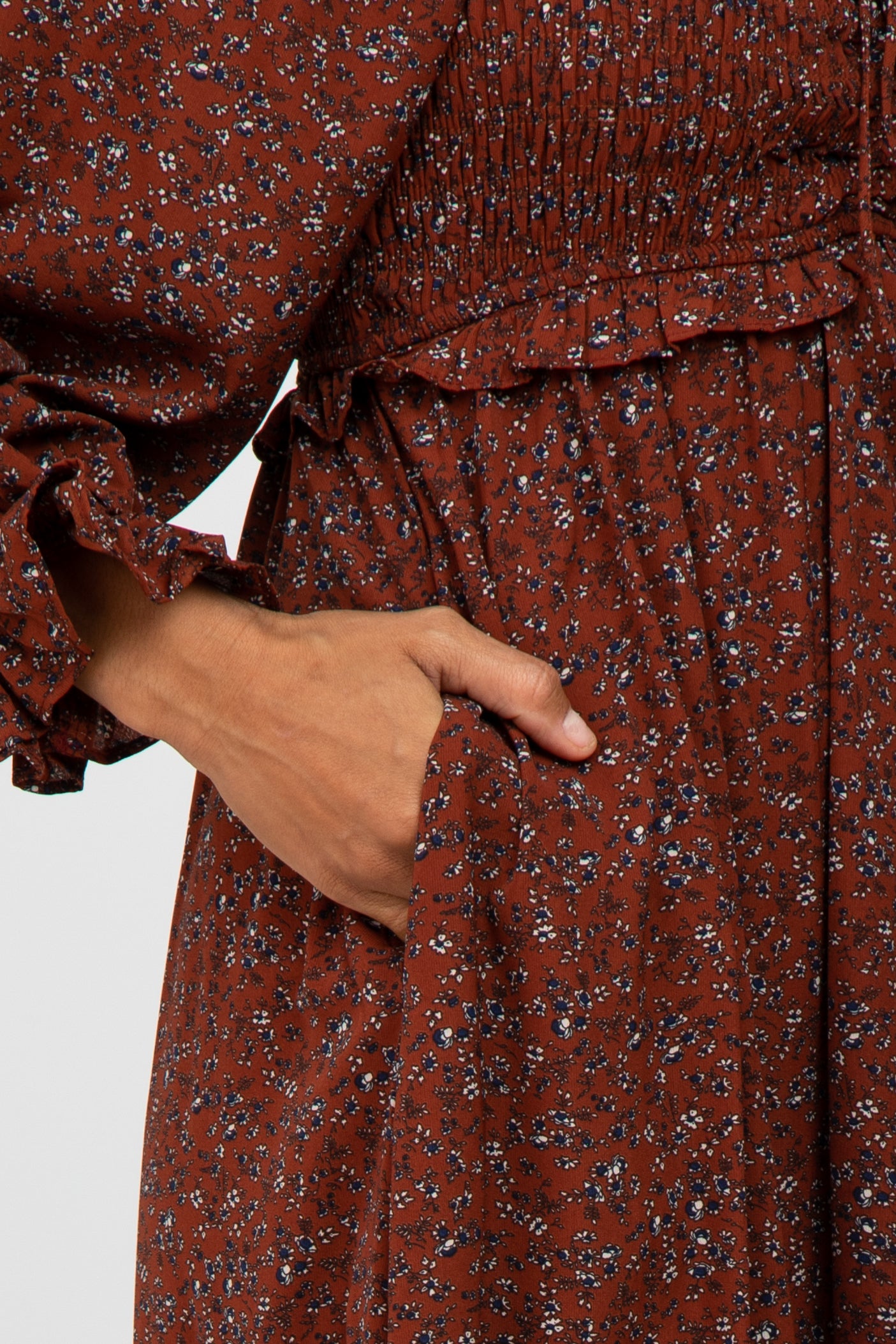 Rust Floral Ruffle Neck Midi Dress