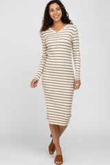 Cream Ribbed Striped Midi Dress