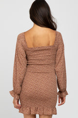 Taupe Floral Long Sleeve Smocked Mini Dress