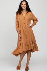 Camel Button Down Hi-Low Midi Dress