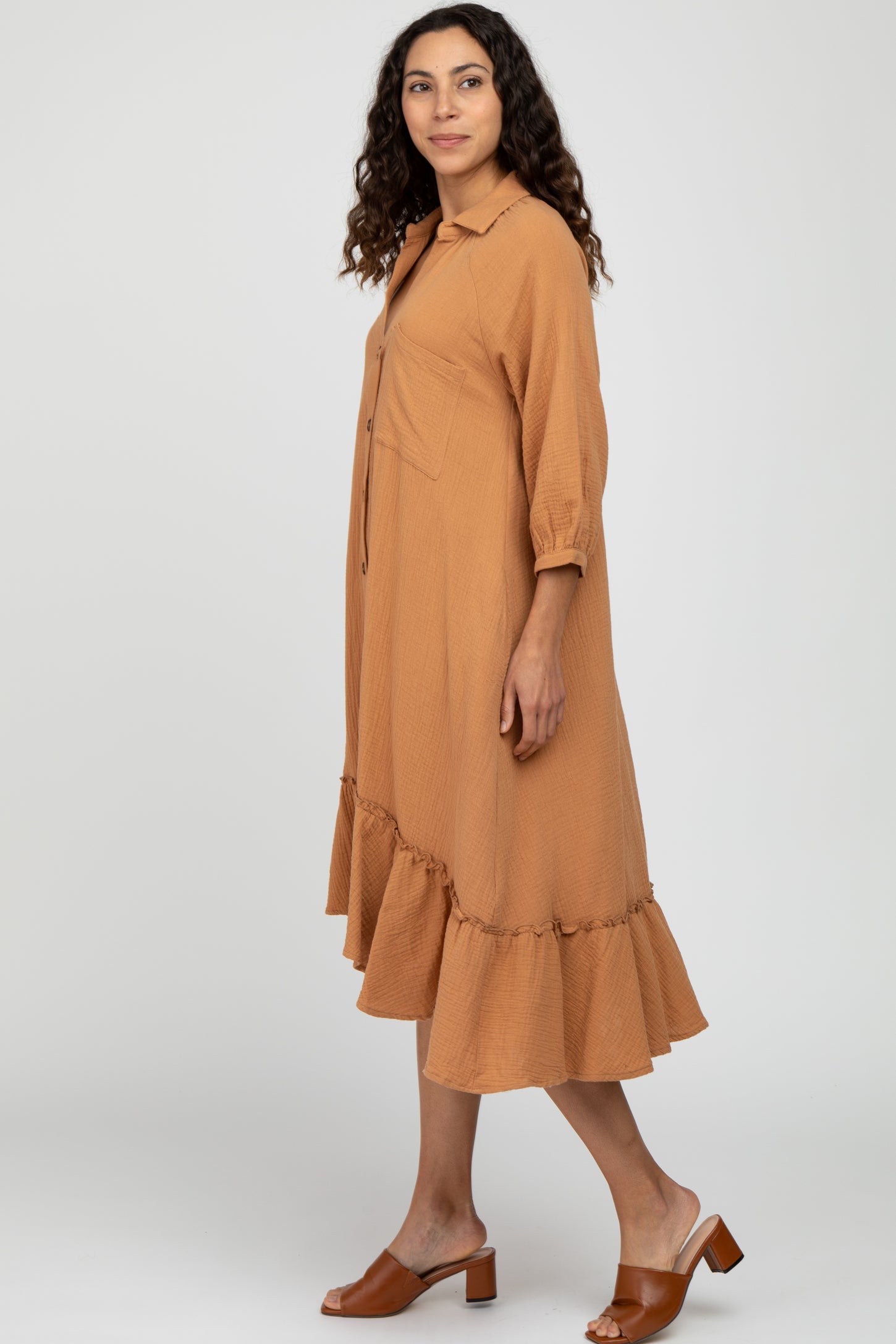 Camel Button Down Hi-Low Midi Dress