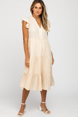 Cream Tiered Ruffle Sleeve Midi Dress