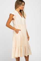 Cream Tiered Ruffle Sleeve Midi Dress