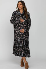 Black Floral Button Front Maternity Midi Dress