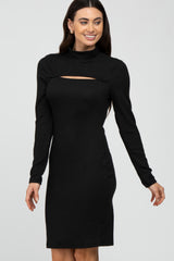 Black Ribbed Mock Neck Front Cutout Dress