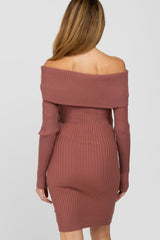 Mauve Ribbed Off Shoulder Maternity Fitted Sweater Dress