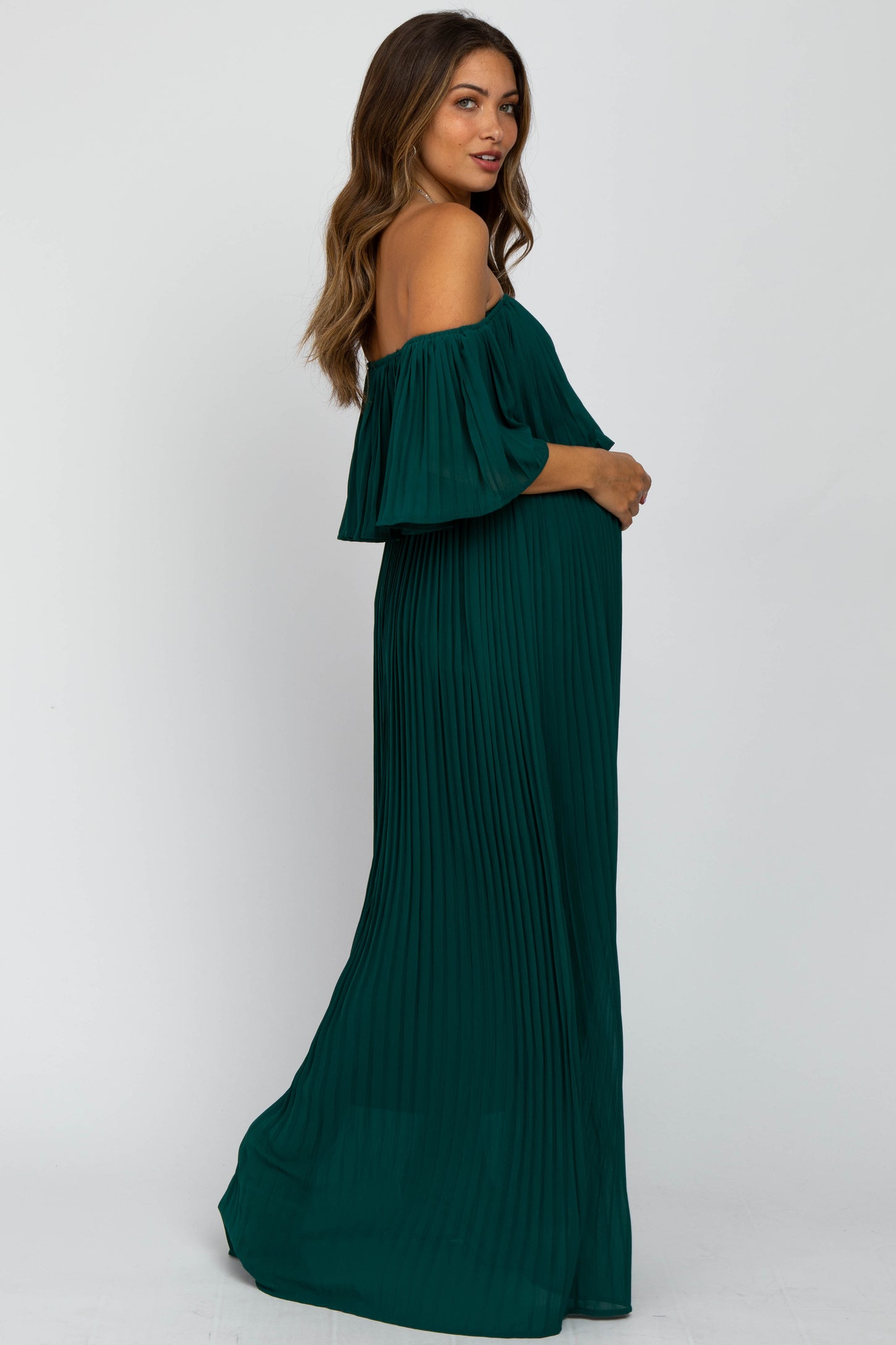 Forest Green Chiffon Pleated Off Shoulder Maternity Maxi Dress