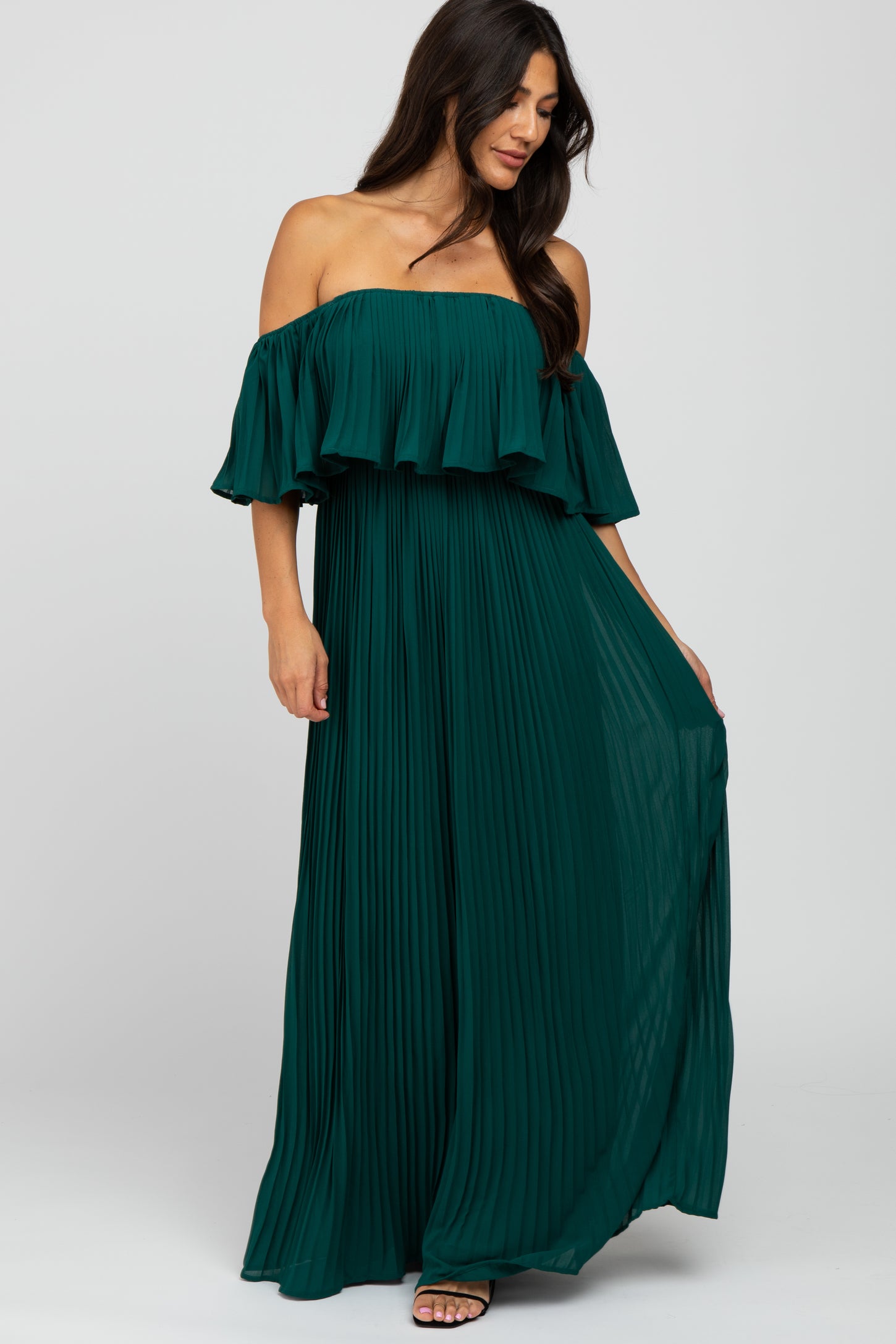 Forest Green Chiffon Pleated Off Shoulder Maternity Maxi Dress
