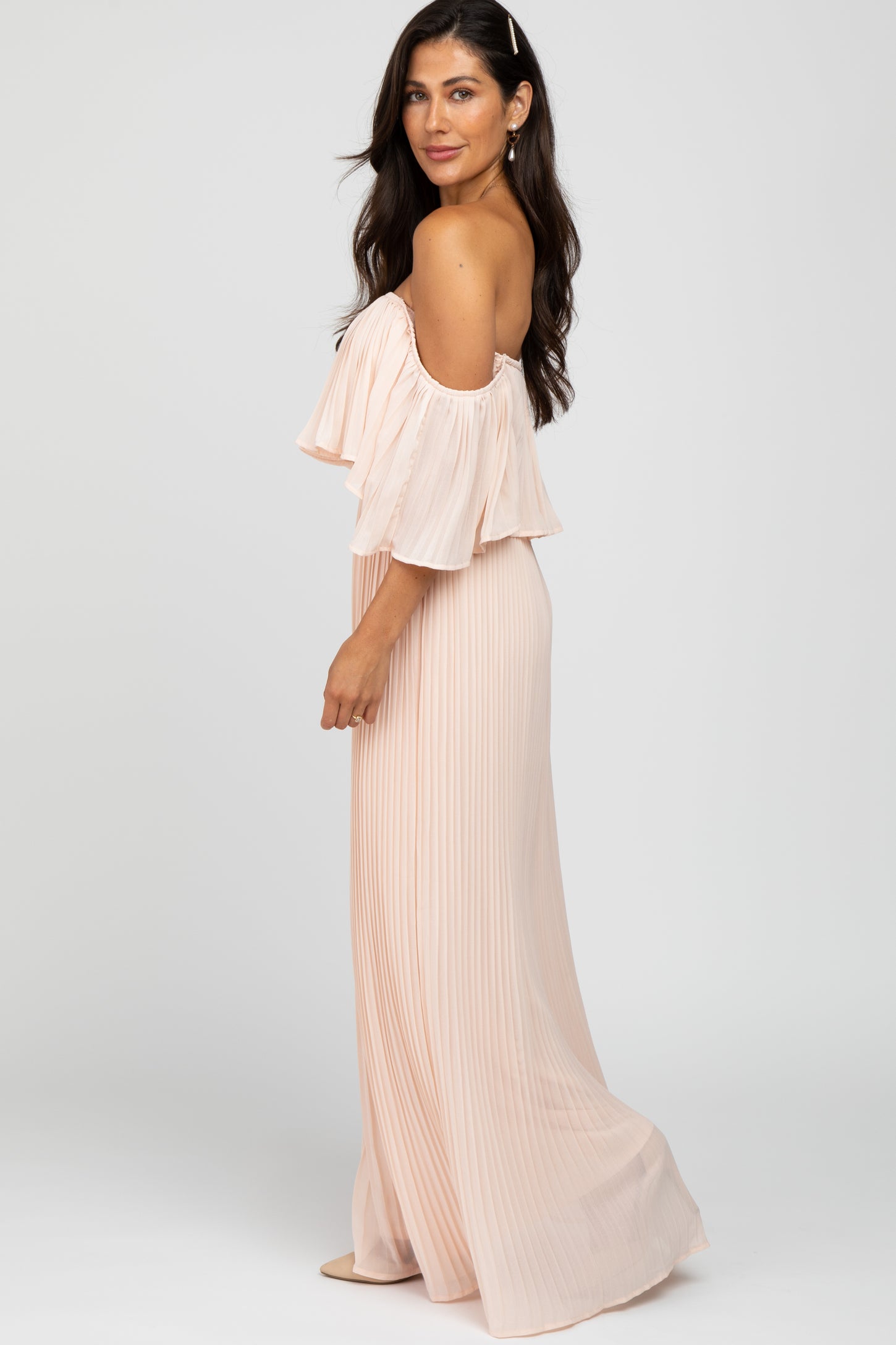 Peach Chiffon Pleated Off Shoulder Maxi Dress PinkBlush Peach Chiffon Pleated Off Shoulder Maxi Dress PinkBlush