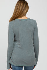 Dusty Blue Ribbed Button Accent Maternity Top