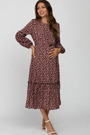 Brown Floral Floral Print Ruffle Belted Maternity Midi Dress