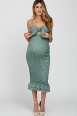 Green Gingham Print Smocked Fitted Self-Tie Maternity Midi Dress