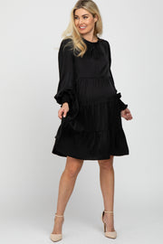 Black Ruffle Neck Tiered Maternity Dress
