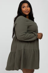 Olive Gauze Button Front Tiered Plus Dress