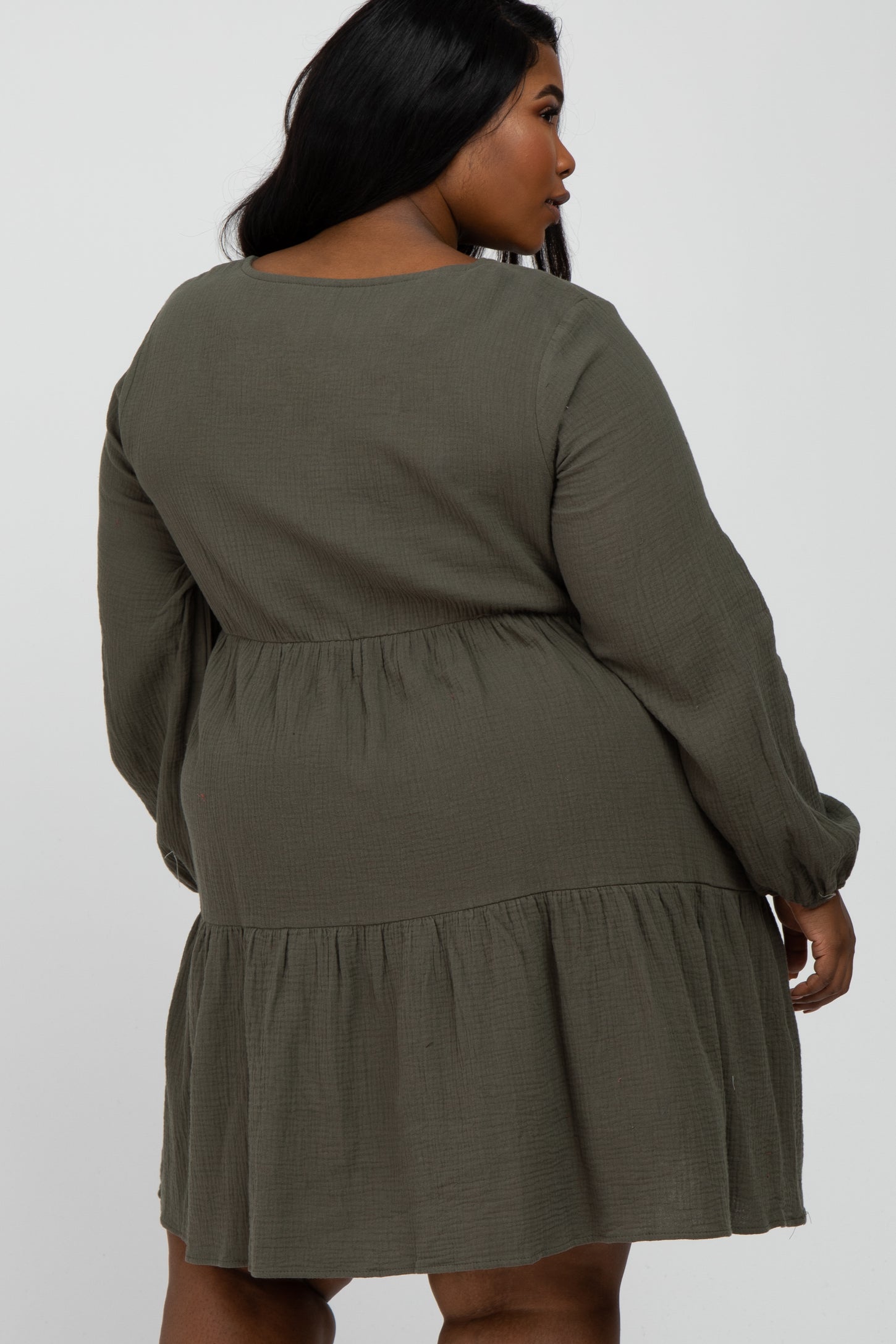 Olive Gauze Button Front Tiered Plus Dress