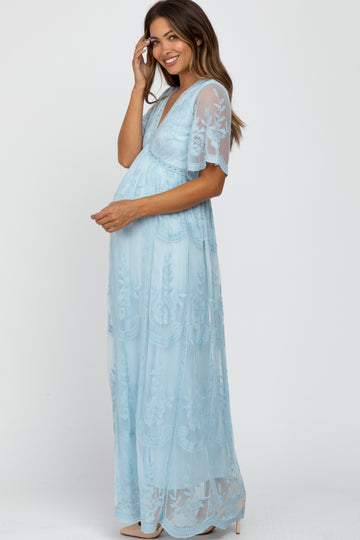 Light Blue Lace Mesh Overlay Maternity Maxi Dress