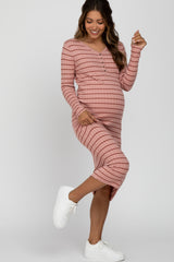 Pink Ribbed Striped Maternity Midi Dress