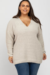 Beige Chenille Knit V-Neck Maternity Plus Sweater