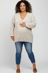 Beige Chenille Knit V-Neck Maternity Plus Sweater