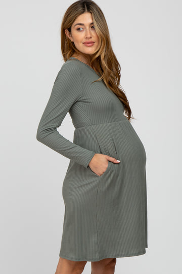 Grey Ribbed Knit Long Sleeve Maternity Dress
