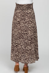 Brown Satin Leopard Drawstring Maternity Maxi Skirt