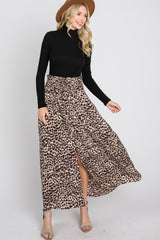 Brown Satin Leopard Drawstring Maternity Maxi Skirt