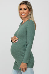 Mint Soft Knit Button Shoulder Ruched Side Maternity Top