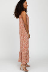 Rust Leaf Print Ruffle Hem Sleeveless Maxi Dress