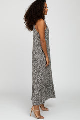 Black Leaf Print Ruffle Hem Sleeveless Maxi Dress