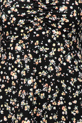 Black Leaf Print Ruffle Hem Sleeveless Maxi Dress