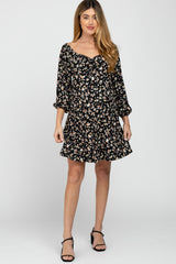 Black Floral Ribbed Ruched Bust Maternity Dress