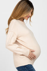Beige Mock Neck Exposed Seam Maternity Sweater