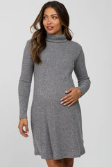 Grey Ribbed Turtleneck Maternity Dress