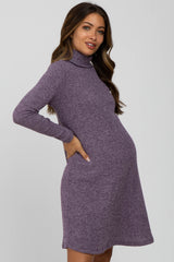 Purple Ribbed Turtleneck Maternity Dress